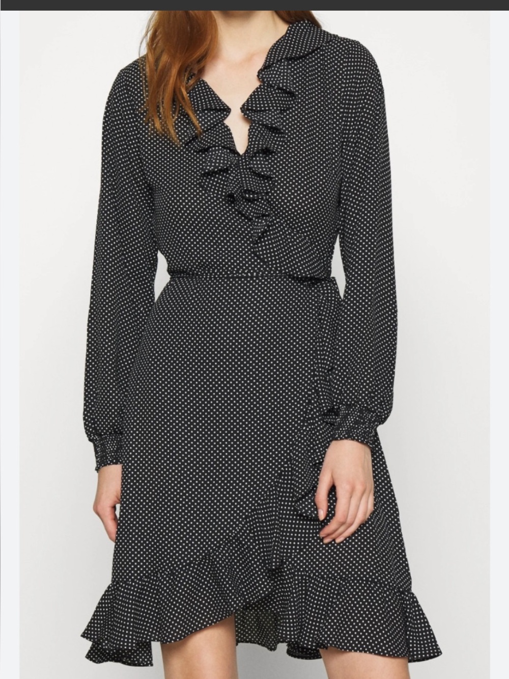 Just Female Hiro Black Polka Dot Ruffle Wrap Dress NWOT  SIZE MEDIUM